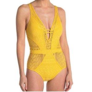 Becca women's cut out crochet swim suit one piece yellow size medium